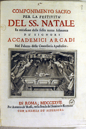 Frontespizio del libretto dell'azione sacra: "Per la festività del SS. Natale" (Metastasio - Costanzi), Roma, 1727-28